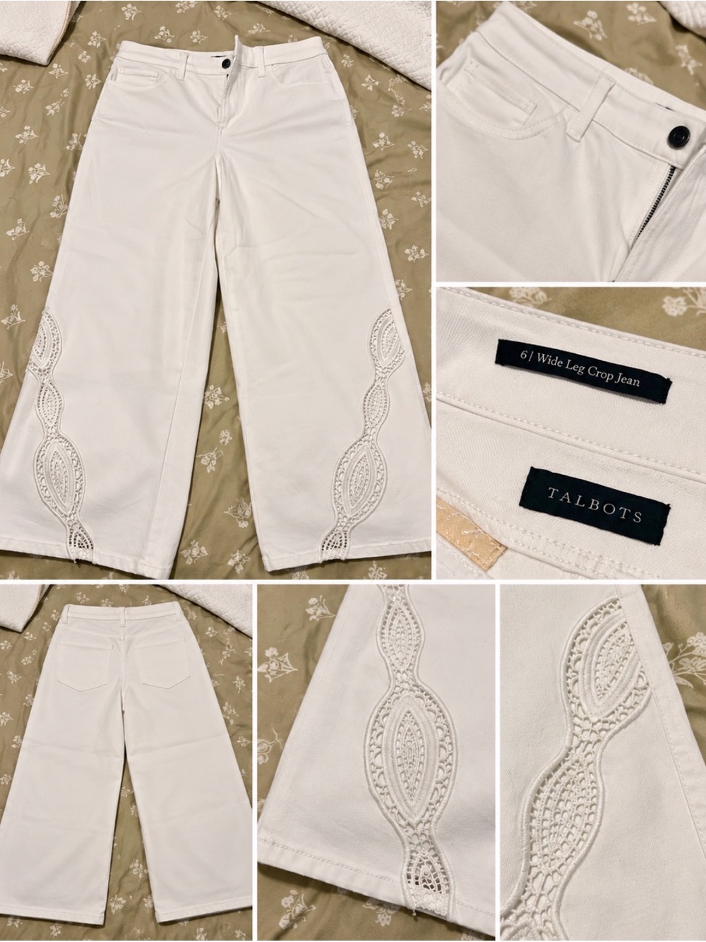 Talbots Cream Wide Leg Crop Jeans with Lace Inset